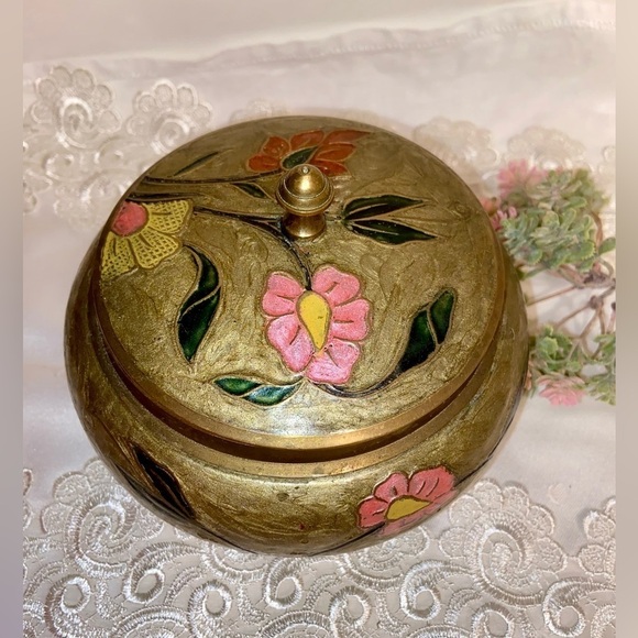 Vintage Other - Vintage Brass enameled hand painted floral golden Bowl with lid